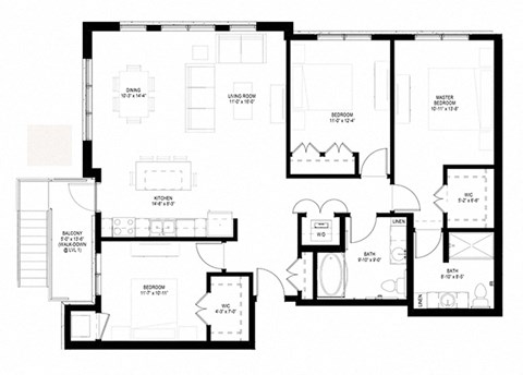Floor plan for 3 beds, 2 baths, 1438 sqft